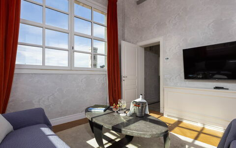 Torretta Penthouse Luxury Apartment In Florence By: Interior Design, Ceiling, Flooring, Floor, Apartment, Room, Light Fixture, Molding, Living Room, Lamp