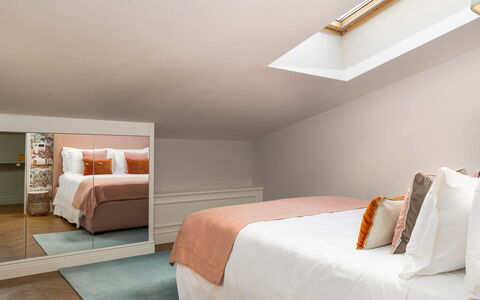 Torretta Penthouse Luxury Apartment In Florence By: Interior Design, Wall, Furniture, Wood, Bedroom, Ceiling, Bed, Floor, Flooring, Lighting