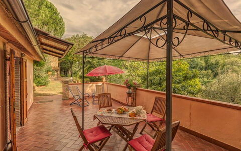 Leccino: Property, Furniture, Table, Building, Plant, Shade, Outdoor Table, Outdoor Furniture, Tree, Chair