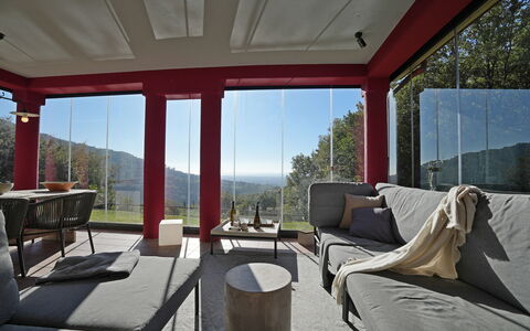 Villa Di Confine: Property, Sky, Shade, Interior Design, Building, Wood, Comfort, Living Room, Tree, Residential Area