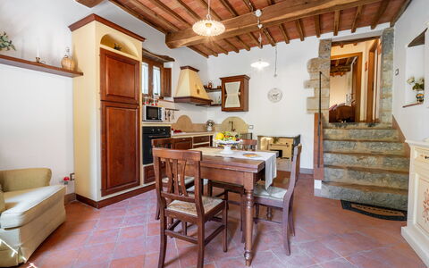 Chiara House In Galenda, Chianti, Pool And Nature: Table, Furniture, Building, Wood, Interior Design, Architecture, Living Room, Floor, Flooring, Wood Stain