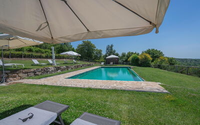 Chiara House In Galenda, Chianti, Pool And Nature: Property, Plant, Water, Building, Shade, Outdoor Furniture, Swimming Pool, Umbrella, Sky, Rectangle