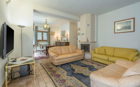 Santa Colomba House, Siena, Nature And Pool: Picture Frame, Couch, Furniture, Table, Interior Design, Living Room, Wood, Floor, Comfort, Flooring