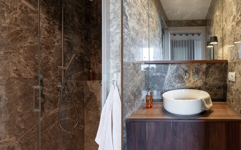 Correggiolo Spereto Apartment With Pool, Montaione: Brown, Plumbing Fixture, Tap, Mirror, Sink, Wood, Bathroom, Flooring, Bathroom Sink, Hardwood