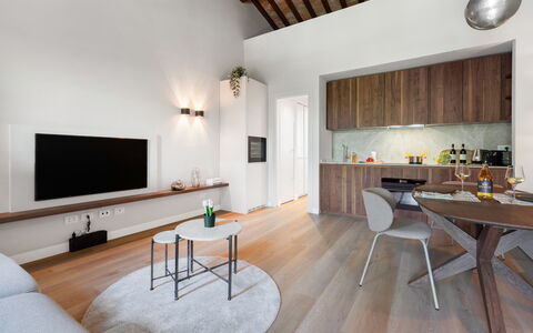 Correggiolo Spereto Apartment With Pool, Montaione: Table, Furniture, Property, Couch, Interior Design, Orange, Cabinetry, Wood, Architecture, Building