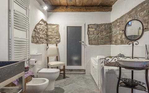 Orazio Liberty House,Lunigiana, Nature: Property, Mirror, Picture Frame, Plumbing Fixture, Purple, Architecture, Interior Design, Floor, Flooring, Bathroom