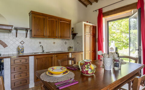 Marcigliana Cottage, Pool, Radicondoli: Cabinetry, Furniture, Property, Table, Countertop, Window, Wood, Kitchen, Building