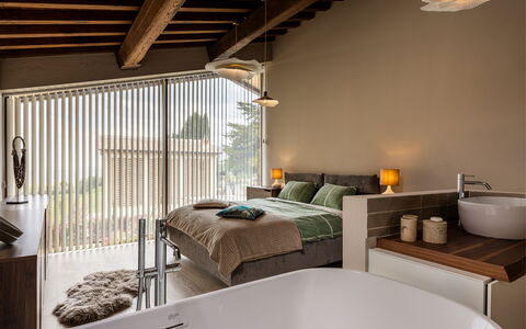 Melaiolo Modern Apartment With Pool, Montaione, To: Interior Design, Furniture, Wall, Ceiling, Flooring, Room, Floor, Bedroom, Lighting, Bed