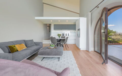 Melaiolo Modern Apartment With Pool, Montaione, To: Plant, Couch, Comfort, Table, Interior Design, Wood, Living Room, Building, Shade, Floor