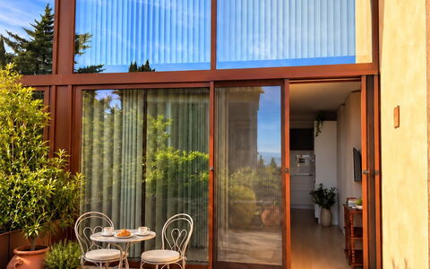 Melaiolo Modern Apartment with Pool, Montaione, To: Wood, Home, Wood Stain, Eco Hotel, Shade, Glass, Flowerpot, Houseplant, Balcony, Hardwood
