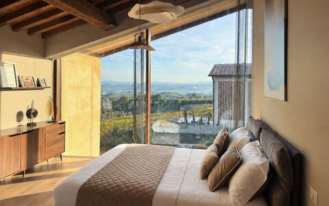 Melaiolo Modern Apartment with Pool, Montaione, To: Furniture, Interior Design, Bed, Bedroom, Home, Linens, Flooring, Room, Floor, Bedding