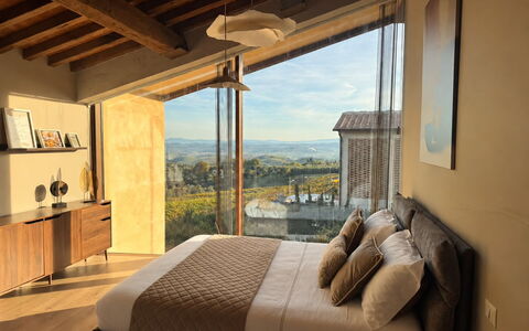 Melaiolo Modern Apartment with Pool, Montaione, To: Furniture, Interior Design, Bed, Bedroom, Flooring, Home, Floor, Linens, Textile, Room