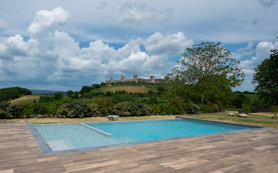 La Capanna, Borgo Campassini, Monteriggioni: Swimming Pool, Garden, Flagstone, Landscaping, Shade, Wood Flooring, Walkway, Backyard, Outdoor Furniture, Tile