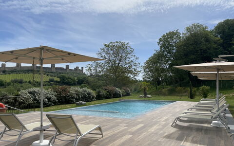 Le Torri, Borgo Campassini, Monteriggioni: Swimming Pool, Outdoor Furniture, Furniture, Sunlounger, Chair, Composite Material, Shade, Garden, Resort, Umbrella