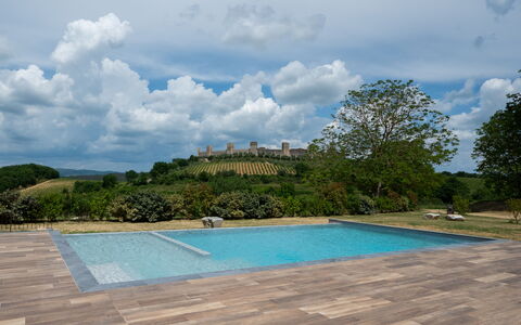 Il Borgo, Borgo Campassini, Monteriggioni: Swimming Pool, Garden, Flagstone, Landscaping, Shade, Wood Flooring, Walkway, Backyard, Outdoor Furniture, Tile