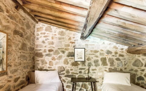 Mulino della Frateria: Wall, Stone Wall, Ceiling, Bedroom, Bed, Bedding