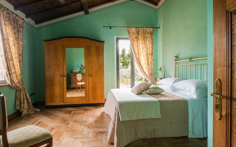 Villa Giuncheto: Furniture, Interior Design, Bed, Bedroom, Wall, Flooring, Floor, Wood, Room, Linens