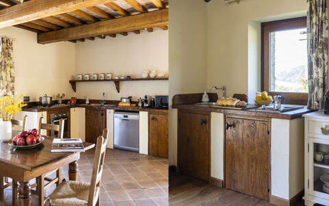 Villa del Cammino: Furniture, Interior Design, Wood, Kitchen, Countertop, Flooring, Home, Cabinetry, Room, Floor