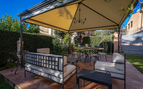 Ely Apartment In Villa, Wifi, Terricciola, Pisa: Furniture, Chair, Outdoor Furniture, Shade, Outdoor Table, Outdoor Structure, Garden, Patio, Kitchen & Dining Room Table, Porch