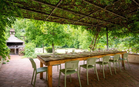 Montaione Country House Amarrante, Pool, Ac: Furniture, Table, Wood, Chair, Outdoor Furniture, Kitchen & Dining Room Table, Outdoor Table, Shade, Restaurant, Garden