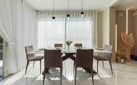 Villa Fiumetto: Furniture, Interior Design, Table, Chair, Flooring, Dining Room, Kitchen & Dining Room Table, Wood, Floor, Textile