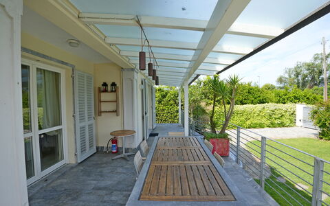Villa Alex: Porch, Shade, Door, Outdoor Structure, Deck, Flowerpot, Outdoor Furniture, Patio, Balcony, Pergola