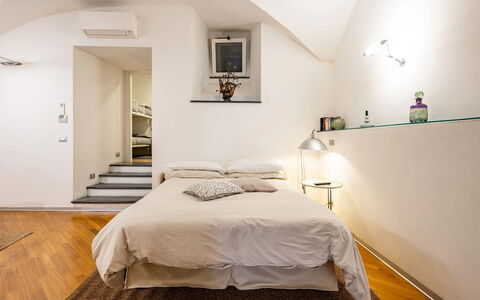 Casa Garibaldi - Levanto: Furniture, Interior Design, Bed, Wall, Floor, Flooring, Bedroom, Ceiling, Wood, Room