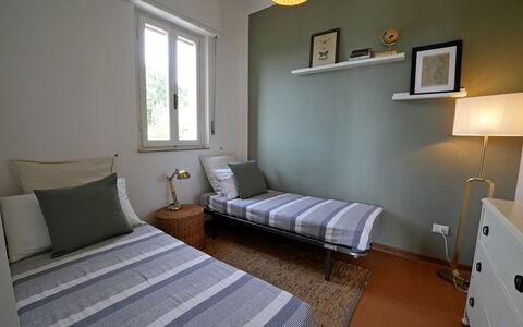 Villa Corsanico: Furniture, Bed, Interior Design, Bedroom, Wall, Floor, Flooring, Wood, Bed Sheet, Room