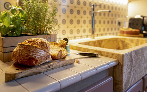 Villa Trasimena: Countertop, Kitchen, Interior Design, Flooring, Serveware, Plumbing, Tap, Tile, Plumbing Fixture, Cabinetry