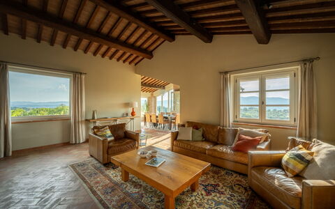 Villa Olivo: Furniture, Ceiling, Room, Picture Frame, Hardwood, Wood Flooring, Chair, Wood Stain, Living Room