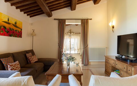 Podere Bella Vista: Furniture, Interior Design, Couch, Flooring, Wood, Ceiling, Living Room, Room, Floor, Lighting