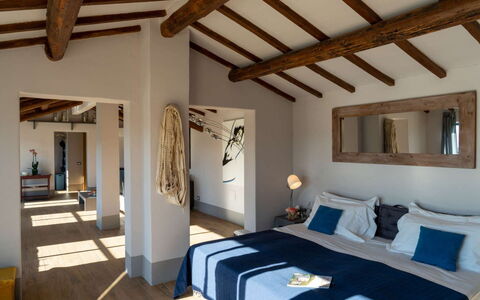 Villa Sagrantino: Furniture, Interior Design, Wall, Flooring, Floor, Wood, Bedroom, Ceiling, Bed, Room