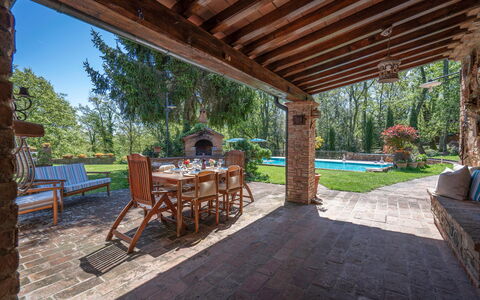 Grace Home, Pool, Wifi, Gambassi Terme: Furniture, Wood, Chair, Table, Outdoor Furniture, Shade, Garden, Estate, Brick, Backyard