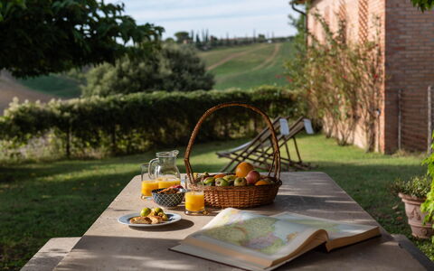 Country House In Tuscan Hills: Food, Tableware, Furniture, Table, Fruit, Serveware, Outdoor Furniture, Outdoor Table, Chair, Breakfast