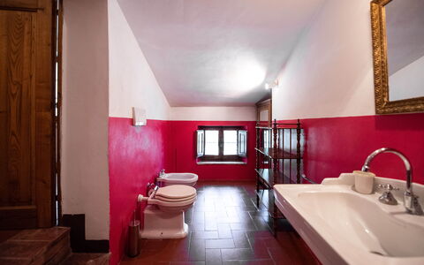 Green Hill Apartment In Tuscan Countryside: Wall, Flooring, Red, Interior Design, Floor, Ceiling, Plumbing Fixture, Room, Door, Bathroom