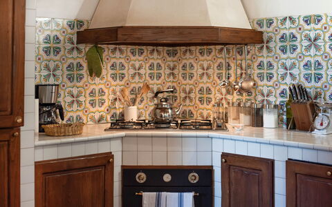 Green Hill Apartment In Tuscan Countryside: Kitchen, Interior Design, Flooring, Countertop, Floor, Tile, Cabinetry, Room, Ceiling, Kitchen Appliance