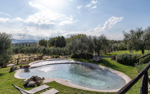 Villa L'elsa Beautiful Country Home With View: Swimming Pool, Water Feature, Garden, Reflection, Landscaping, Pond, Outdoor Furniture, Resort, Backyard, Hacienda