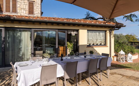 Villa L'elsa Beautiful Country Home With View: Furniture, Table, Home, House, Kitchen & Dining Room Table, Chair, Shade, Dining Room, Balcony