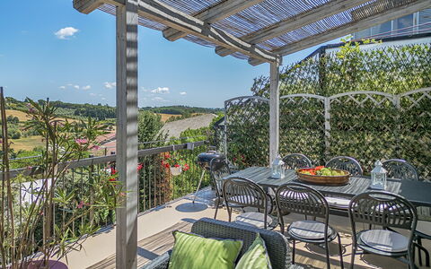 Casamia Tuscan Oasis: 4Br Panoramic Penthouse, Sky: Outdoor Furniture, Shade, Chair, Garden, Balcony, Eco Hotel, Outdoor Table, Yard, Patio, Outdoor Structure
