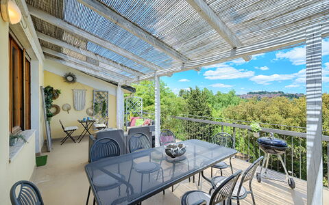Casamia Tuscan Oasis: 4Br Panoramic Penthouse, Sky: Furniture, Chair, Outdoor Furniture, Porch, Table, Outdoor Table, Shade, Kitchen & Dining Room Table, Balcony, Deck