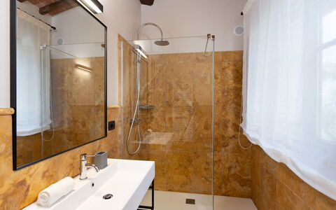 Villa Cortona: Eco-Sustainable Luxury Estate with: Flooring, Interior Design, Floor, Plumbing Fixture, Bathroom, Wood, Lighting, Sink, Plumbing, Room