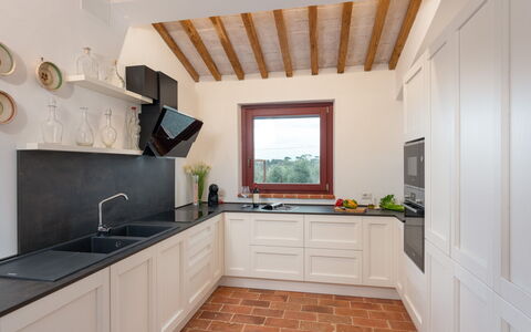 Marielena Authentic Chianti Retreat: Panoramic Vie: Kitchen, Countertop, Interior Design, Flooring, Kitchen Appliance, Cabinetry, Wood, Furniture, Floor, Home