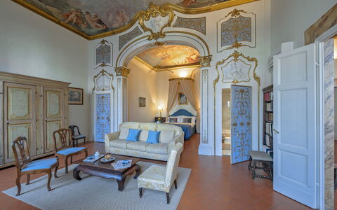 Elegant Suite: Florence Apartment with View on Med: Interior Design, Furniture, Ceiling, Flooring, Room, Floor, Bedroom, Chair, Living Room, Molding