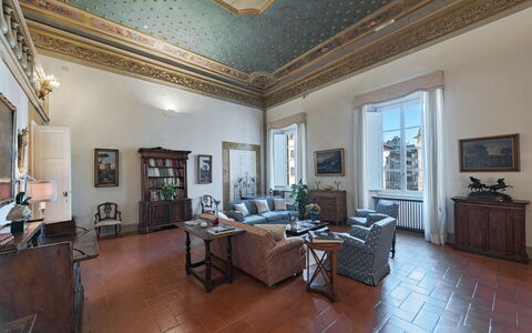 Elegant Suite: Florence Apartment with View on Med: Interior Design, Furniture, Ceiling, Flooring, Floor, Room, Lighting, Picture Frame, Chair, Living Room