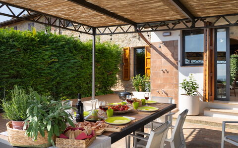 Casa Meletta: Furniture, Table, Chair, Outdoor Furniture, Outdoor Table, Kitchen & Dining Room Table, Shade, Garden, Outdoor Structure, Flowerpot