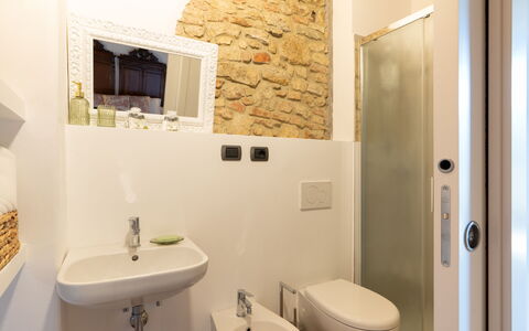 Casa Meletta: Wall, Flooring, Floor, Interior Design, Plumbing Fixture, Door, Plumbing, Room, Bathroom, Ceiling