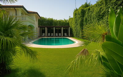 Villa Forte Dei Marmi, Pool & Garden: Green, Swimming Pool, Shrub, Home, Resort, Garden, Shade, Estate, Lawn, Yard