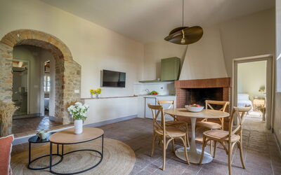 Relais Badia a Passignano - Appartamento Syrah: Furniture, Interior Design, Chair, Flooring, Lighting, Table, Floor, Ceiling, Kitchen & Dining Room Table, Living Room