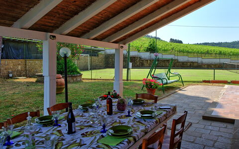 Villa Adriana: Furniture, Chair, Shade, Kitchen & Dining Room Table, Flowerpot, Outdoor Furniture, Outdoor Structure, Outdoor Table, Houseplant, Backyard