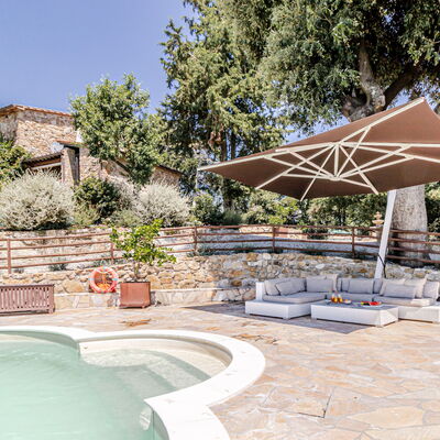 Villa Anna: Outdoor Furniture, Umbrella, Furniture, Chair, Swimming Pool, Outdoor Table, Shade, Flagstone, Patio, Garden